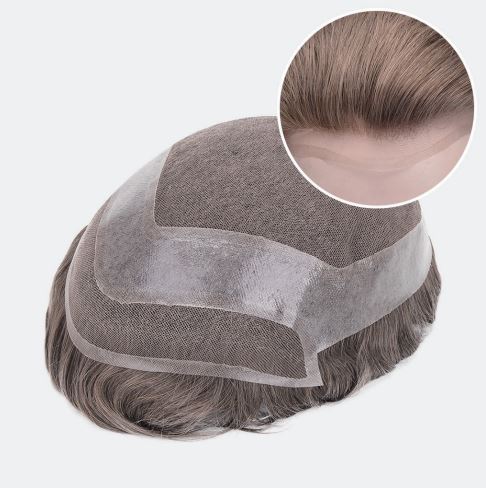Prótesis capilar de encaje suizo con borde de PU transparente y frontal blanqueado