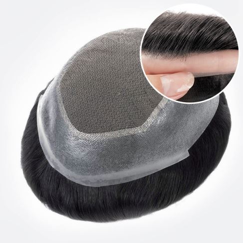 Prótesis capilar de encaje suizo con borde de PU transparente de 2 cm